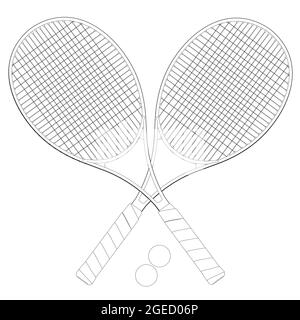 Contour de deux raquettes de tennis croisées avec balles de lignes noires isolées sur fond blanc. Vue de dessus. Illustration vectorielle. Illustration de Vecteur