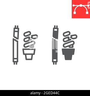 Ligne de déchets de lampe fluorescente et icône de glyphe, recyclage et écologie, icône de vecteur de déchets de lampe, graphiques de vecteur, signe de contour modifiable de contour, eps 10. Illustration de Vecteur