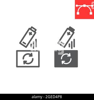 Recyclage de la ligne de batterie et de l'icône de glyphe, recyclage et écologie, icône de vecteur de déchets de batterie, graphiques vectoriels, signe de contour modifiable de trait, eps 10. Illustration de Vecteur