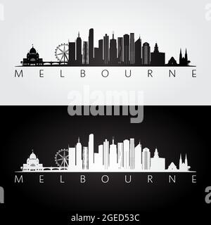 Silhouette des gratte-ciel et des monuments de Melbourne, design noir et blanc, illustration vectorielle. Illustration de Vecteur