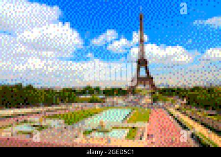 Graphiques de style pixel art 8 bits. Horizon de Paris avec la Tour Eiffel. Banque D'Images