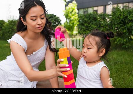 une jeune fille asiatique et une jeune mère jouent des blocs de construction dans le parc Banque D'Images