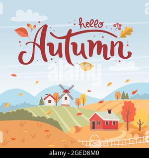 Paysage rural d'automne avec lettrage dessiné à la main. Paysage de campagne avec maisons et moulin à vent. Illustration vectorielle de style plat Illustration de Vecteur