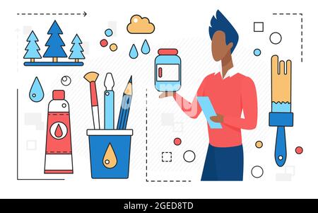 Design de studio d'art, personnage d'homme avec téléphone mobile et icônes de ligne d'outils d'artiste. Illustration de Vecteur