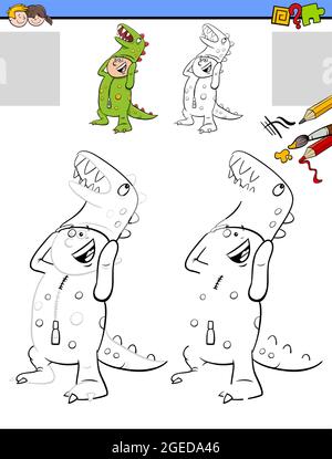 Illustration de dessin animé de dessin et de coloriage d'activités éducatives pour les enfants avec un garçon en costume de dinosaure Illustration de Vecteur