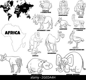 Dessin animé éducatif noir et blanc illustration de l'ensemble des espèces animales africaines et carte du monde avec des continents formes coloriage livre page Illustration de Vecteur