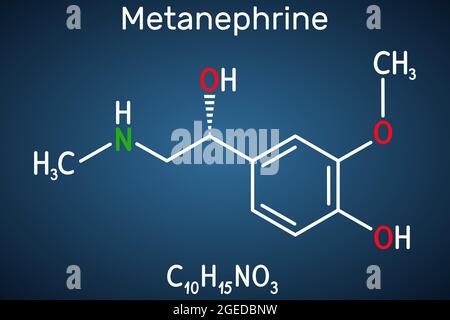 Molécule de métanephrine. C'est un métabolite de l'épinéphrine, de l'adrénaline, un biomarqueur pour le phéochromocytome. Formule chimique structurale sur le dos bleu foncé Illustration de Vecteur