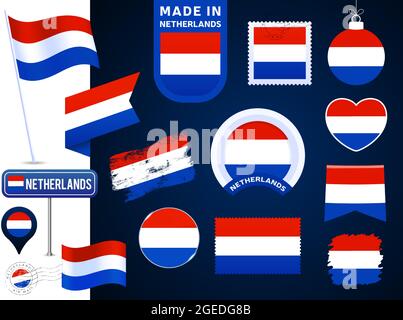 collection vectorielle de drapeau néerlandais. grand ensemble d'éléments de conception de drapeau national de différentes formes pour les fêtes publiques et nationales dans un style plat. Publier Illustration de Vecteur