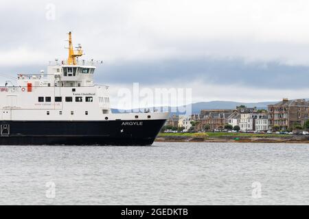 Ferry CalMac « Argyle » arrivant à Rothesay, île de Bute sur le croisement de Wemyss Bay Rothesay, Argyll et Bute, Écosse, Royaume-Uni Banque D'Images