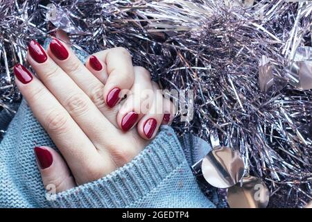 Les mains des femmes sont en tricot gris avec une belle manucure brillante - ongles bordeaux, rouge foncé, de couleur cerise sur fond de boîte de Noël argentée Banque D'Images