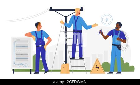 Les électriciens réparent le poteau électrique, illustration du vecteur de service technique. Ouvrier de dessin animé réparateur personnage travaillant, escalade des escaliers, homme réparant le réseau électrique de la ville isolé sur blanc Illustration de Vecteur