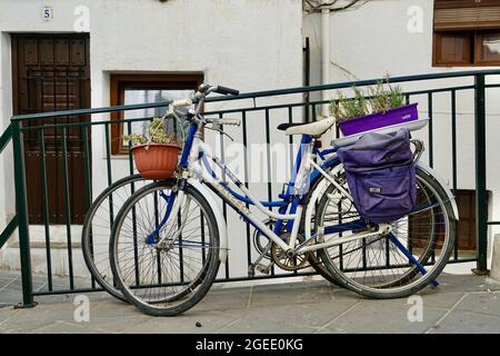 Güéjar-Sierra (Grenade), Espagne; 19 août 2021: Deux bicyclettes avec paniers plantés d'herbes aromatiques, garées dans une rue étroite à côté d'une rampe Banque D'Images