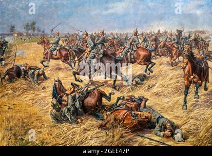 Peinture de la première Guerre mondiale bataille des casques d'argent / 1914 Slag der Zilveren Helmen, dernière grande charge de cavalerie de l'armée allemande à Halen, Limbourg, Belgique Banque D'Images