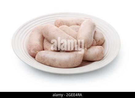 Assiette de saucisses blanches traditionnelles bavaroises isolated on white Banque D'Images