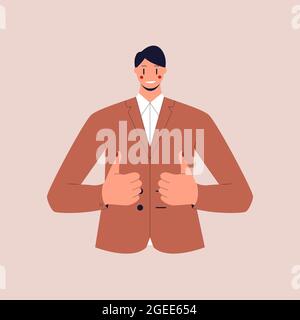 Un homme dans un costume d'affaires montre un pouce sur les deux mains. Illustration vectorielle plate colorée sur un arrière-plan isolé. SPE 10. Illustration de Vecteur