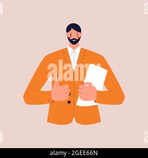 Un gars avec une barbe dans un costume d'affaires tient un dossier avec des documents et montre un pouce vers le haut. Illustration vectorielle plate colorée sur un arrière-plan isolé Illustration de Vecteur