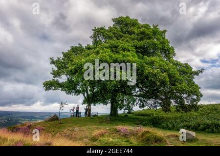 Famille jouant avec leur fille sur une balançoire dans le Yorkshire et prenant des photos sur Ilkley Moor, West Yorkshire, UK paysages Banque D'Images