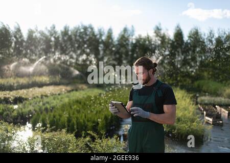 Homme utilisant une tablette pour contrôler le système d'irrigation pendant le travail à la ferme en été Banque D'Images