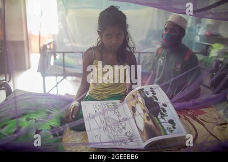 Un enfant a vu dessiner des dessins à l'intérieur d'une moustiquaire pendant la journée à l'hôpital pour enfants.le Bangladesh étant aux prises avec la pandémie de Covid-19, la dengue représente une grande menace pour les enfants du pays. À l'heure actuelle, la dengue sévère affecte la plupart des pays asiatiques et est devenue une cause majeure d'hospitalisations et de décès chez les enfants ainsi que chez les adultes dans ces régions, selon L'OMS. Dans des circonstances aussi désastreuses, certains habitants de Dhaka éclaient les incenses de répulsion des moustiques, même pendant la journée, pour éviter la maladie virale transmise par les moustiques. Banque D'Images