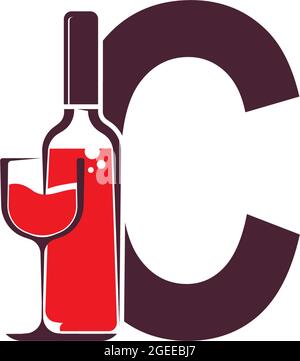 Lettre C avec modèle vectoriel de logo d'icône de bouteille de vin Illustration de Vecteur