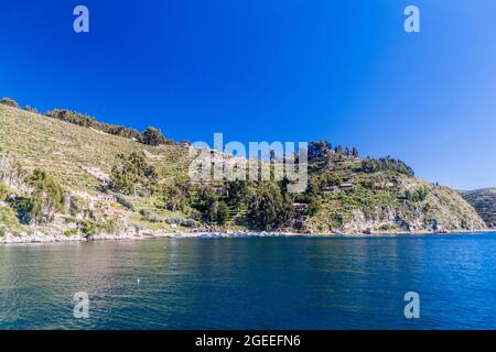 Yumani village sur Isla del sol (île du Soleil) dans le lac Titicaca, Bolivie Banque D'Images