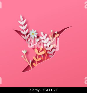 Concept de forme d'oiseau rose dans le style moderne de coupe de papier 3d. Petite coupure en papier colibri avec belle décoration de printemps nature et fleur sur Illustration de Vecteur