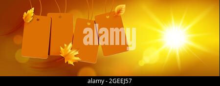 Étiquettes de vente suspendues avec feuilles d'automne volantes et fond de soleil de bokeh d'automne Illustration de Vecteur