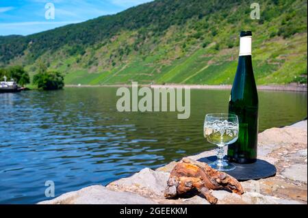 Dégustation de vin blanc sec de qualité riesling avec vue sur les pentes abruptes des vignobles en terrasse surplombant la rivière Mosel par beau temps Banque D'Images