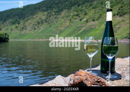 Dégustation de vin blanc sec de qualité riesling avec vue sur les pentes abruptes des vignobles en terrasse surplombant la rivière Mosel par beau temps Banque D'Images