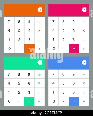 Calculatrice vectorielle plate. Jeu de 4 illustrations de la calculatrice. Objet de travail comptable coloré. Icône de budget de l'ordinateur professionnel. Illustration de Vecteur