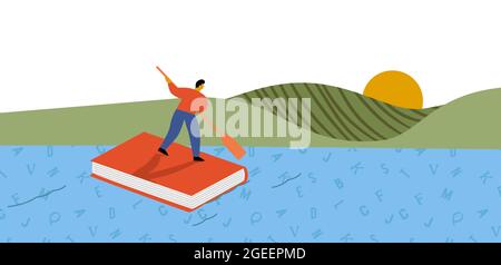 Jeune homme personnage rameur livre bateau sur la rivière mot, lecture livres concept illustration dans le style moderne de dessin animé plat. Illustration de Vecteur