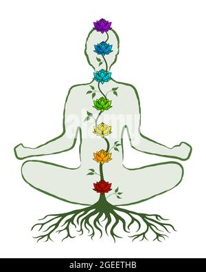 Ensemble coloré de chakra Icon avec fleurs de lotus et silhouette de corps faisant pose de yoga, concept de mode de vie sain. Illustration de Vecteur