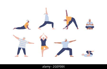Ensemble de personnes âgées diverses faisant différentes poses d'exercice de yoga. Collection de personnages grands-parents anciens sur fond isolé. Cours de gym senior, actif Illustration de Vecteur