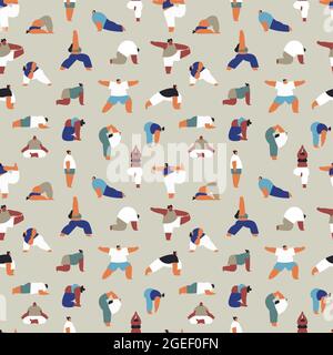 Illustration sans couture d'une foule de jeunes qui font différentes poses d'exercice de yoga. Un arrière-plan sain avec des personnages de dessin animé Illustration de Vecteur