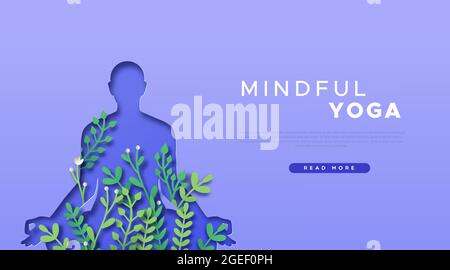 PaperCut yoga web modèle illustration avec des plantes vertes 3D réalistes et papier artisanat homme faisant la pose de lotus. Santé naturelle style de vie ou con spirituel Illustration de Vecteur