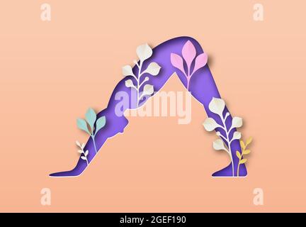 Femme silhouette de corps faisant yoga posture de chien vers le bas. Concept de style de vie sain et de forme physique avec décoration de feuilles de nature. Méditation Asana pour le bien-être. Illustration de Vecteur