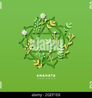 Illustration de la forme du chakra coeur PaperCut avec des plantes 3D réalistes et une décoration de feuilles de nature artisanale en papier. Symbole du yoga de l'anahata budd traditionnel Illustration de Vecteur