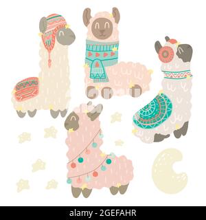 Ensemble de jolies lamas plats dessinés à la main dans des chapeaux et des foulards à motif tribal. Alpacas avec des étoiles et un croissant. Illustration vectorielle douce et animée Illustration de Vecteur