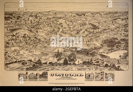 Lithographie de Concord vue aérienne de Fair Haven colline regardant Nord-est par Henry David Thoreau en 1845, Concord, Massachusetts ma, Etats-Unis. Banque D'Images