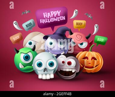 Motif Halloween vectoriel. Joyeux halloween texte dans l'élément de bulle de parole avec effrayant, effrayant, créepy et mignons personnages de mascotte Illustration de Vecteur