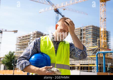 Triste travailleur en construction. Contrarié la frustration des Foreman Banque D'Images