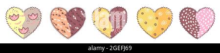 Ensemble de coeurs colorés dessinés à la main, qui sont décorés avec un motif et des points de suture. Éléments de conception isolés sur fond blanc. Illustration de Vecteur