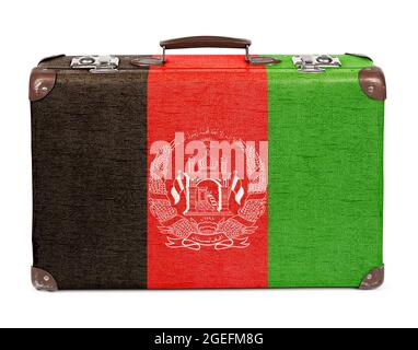 Ancienne valise vintage avec drapeau afghan et couleurs isolées sur blanc Banque D'Images