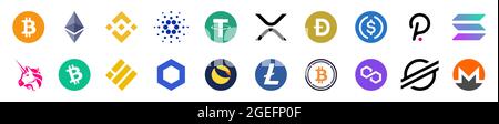 Vinnytsia, Ukraine - 20 juillet 2021. Principaux logos de crypto-monnaie. Bitcoin, Ethereum, Binance, Tether, XRP, Polkadot, Cardano, Uniswap, Litecoin, chaînage Illustration de Vecteur
