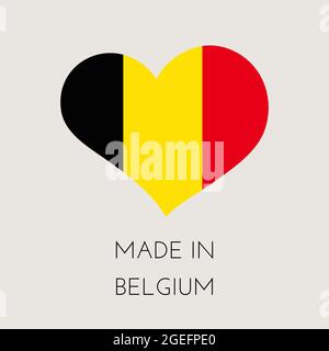 Etiquette en forme de coeur belge avec drapeau belge. Autocollant « Made in BE ». Usine, fabrication et concept de pays de production. Illustration du stock vectoriel Illustration de Vecteur