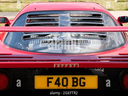 Gros plan, vue arrière d'une Ferrari F40, exposé au salon de l'auto de Londres 2021 Banque D'Images