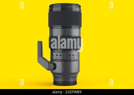 Téléobjectif reflex numérique moderne inexistant sur fond jaune. Rendu 3D et illustration de matériel photographique professionnel pour la diffusion en direct Banque D'Images