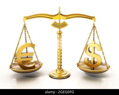 Des signes d'Euro et de Dollar d'or se tenant sur une balance équilibrée. Illustration 3D. Banque D'Images