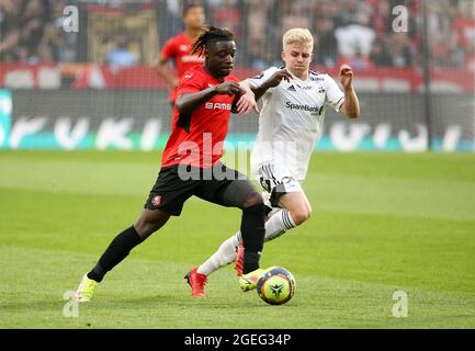 Jeremy Doku de Rennes, Edvard Tagseth de Rosenborg lors de la Ligue des conférences européennes de l'UEFA, Play-offs, 1ère jambe entre le Stade Rennais et Rosenborg BK le 19 août 2021 au Parc Roazhon de Rennes, France - photo Jean Catuffe / DPPI Banque D'Images