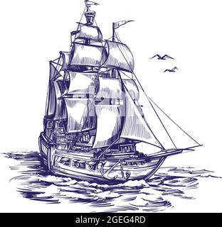 Rétro Old Ship vintage dessin vectoriel à la main dessin réaliste. Illustration de Vecteur